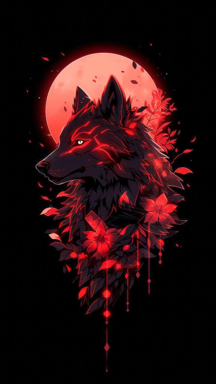 Dark red wolf ai created 4k wallpaper with moon background | PC and Mobile Wallpapers